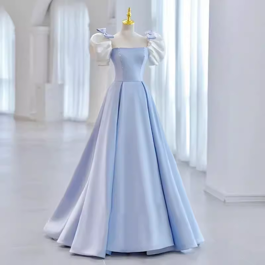 Princess A line Light Blue Satin Prom Dress Long Prom Dresses P548