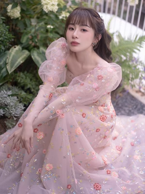 Fairy A line Square Long Sleeves Tulle Flowers Long Prom Dress P563