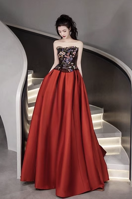 Simple Strapless Satin Red Long Prom Dress P555