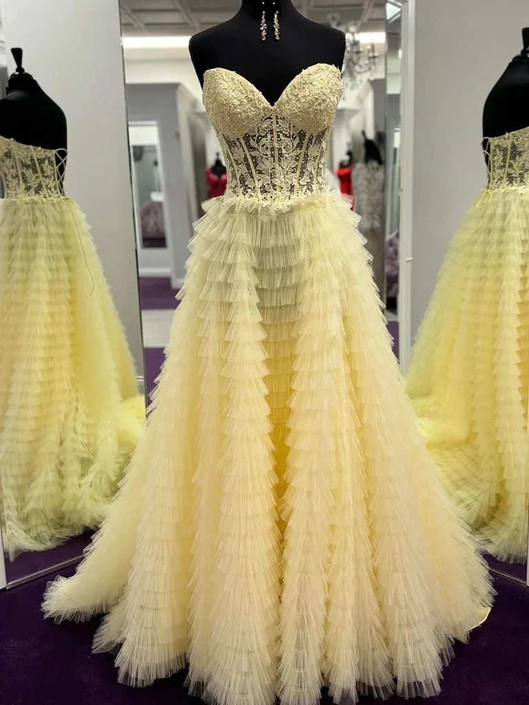 Ball Gown Strapless Yellow Lace Long Prom Dresses P520 – PreppyDress