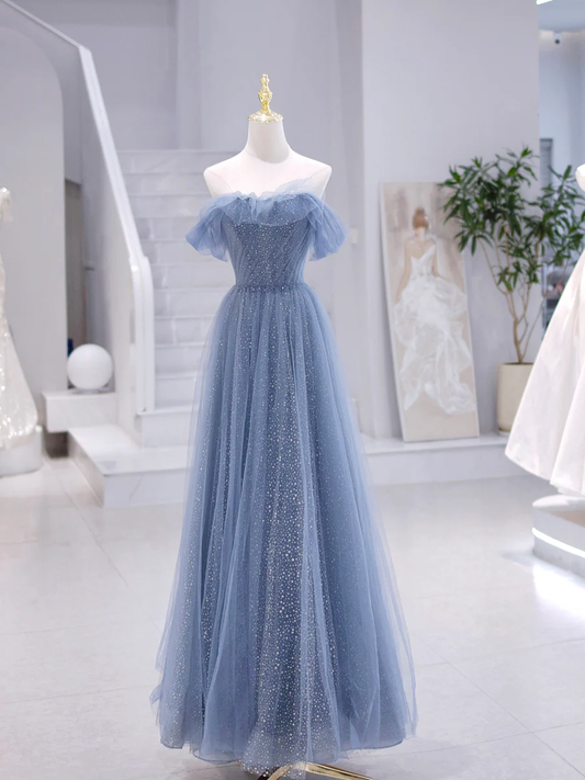 A line Blue Strapless Tulle Long Prom Dress P620