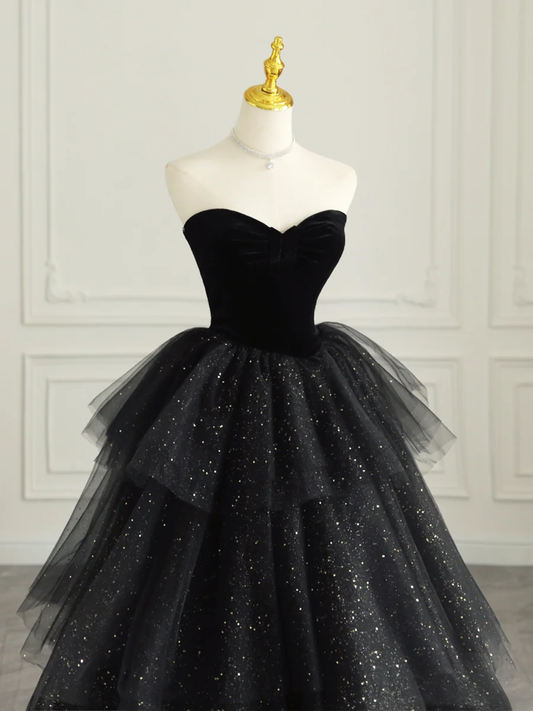 Black Strapless Tulle Formal Dress with Velvet Long Prom Dress P624