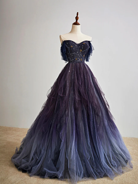 A-Line Purple Gradient Tulle Long Prom Dress P627