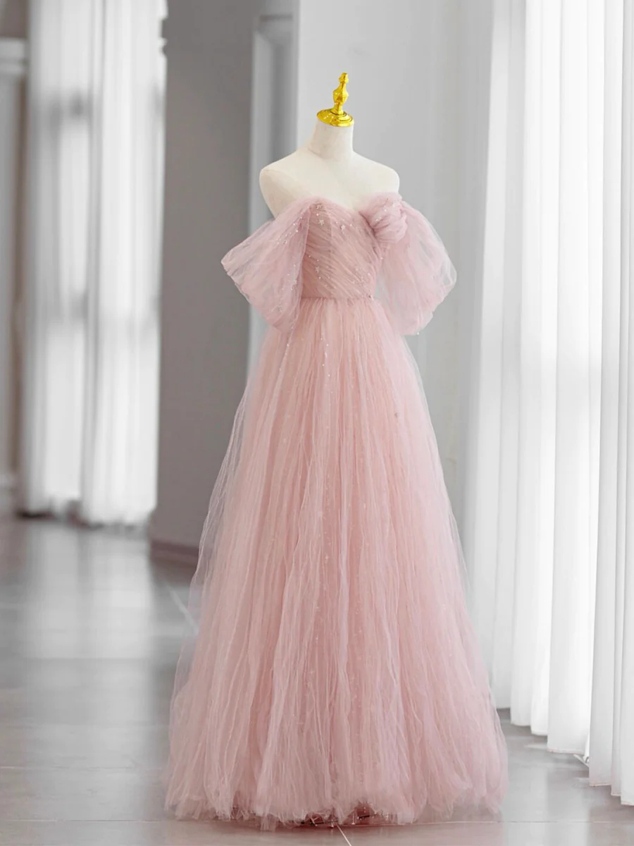 Beautiful A-Line Off Shoulder Pink Tulle Long Prom Dress P618