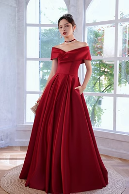 Simple A line Strapless Satin Red Long Prom Dress P561