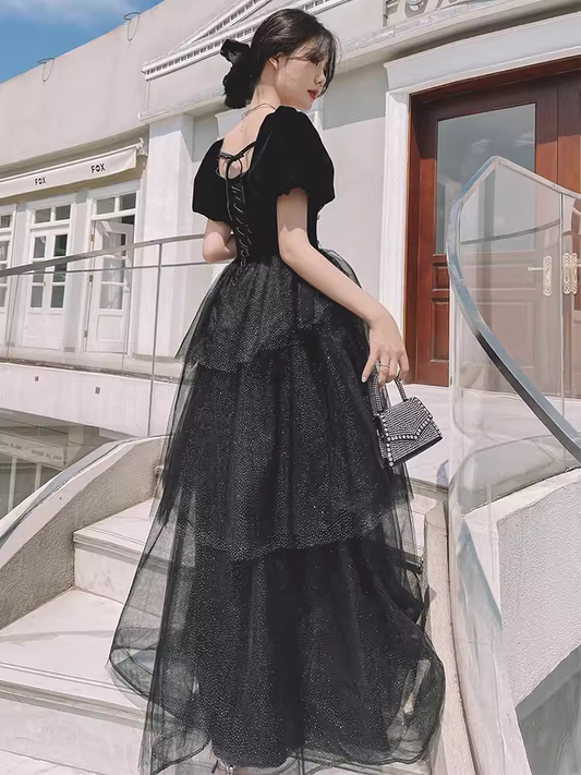 Ball Gown Black Prom Dress With Puffy Sleeves Long Prom Dresses P529