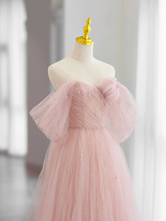 Beautiful A-Line Off Shoulder Pink Tulle Long Prom Dress P618