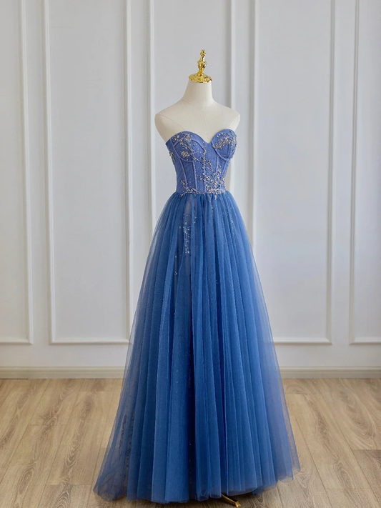 A Line Blue Strapless Tulle Long Prom Dress with Beaded P622