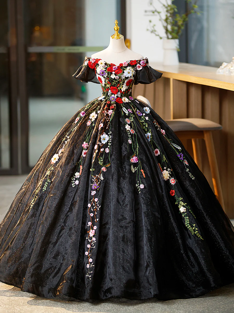 Ball Gown Black Tulle Long Prom Dress with Lace Flowers P590