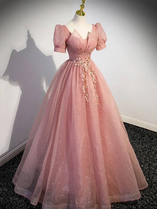 Beautiful Pink Tulle Floor Length Prom Dress with Short Sleeve P619