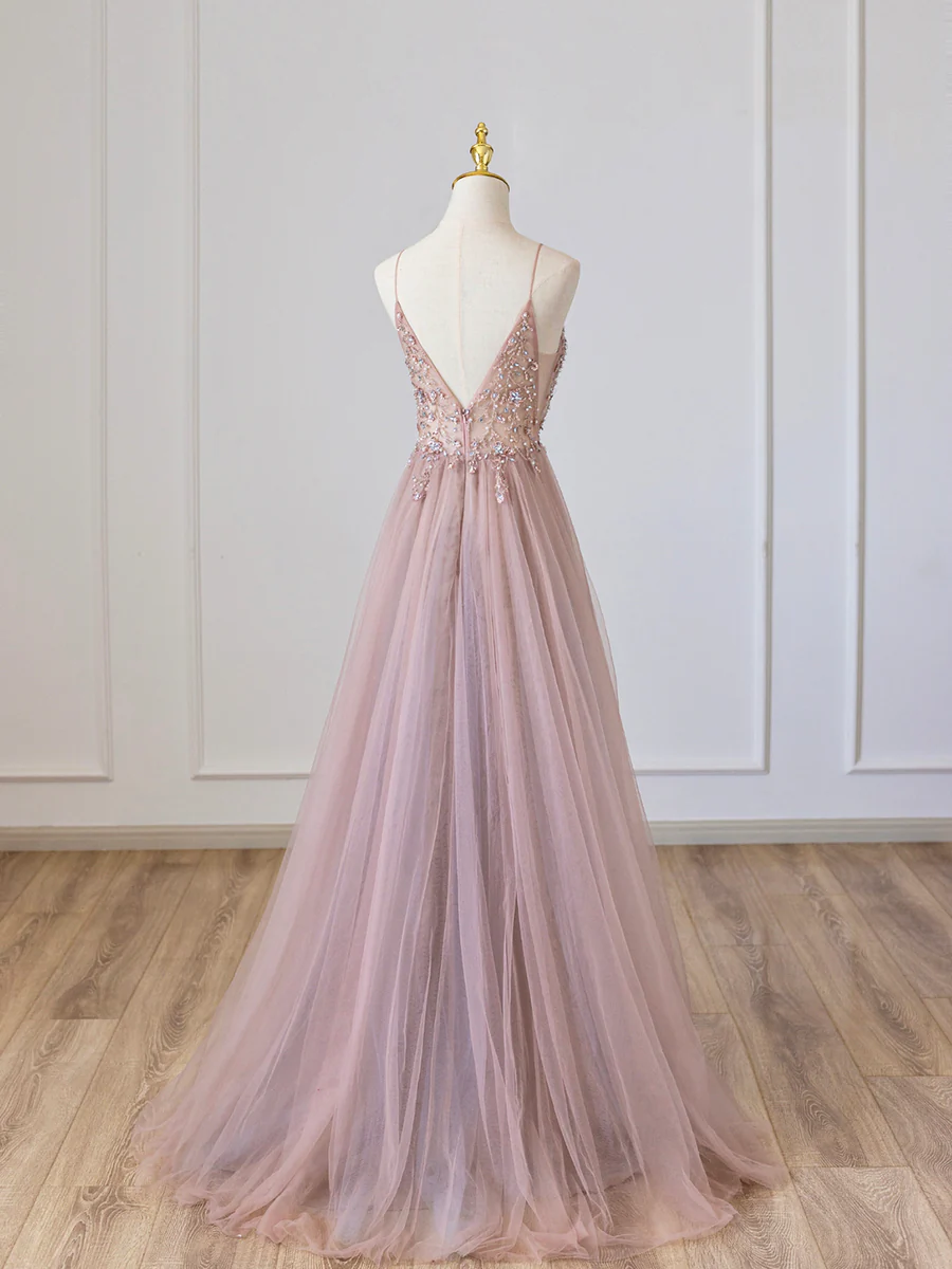 Pink V-Neck Tulle Long Prom Dress with Beaded P675