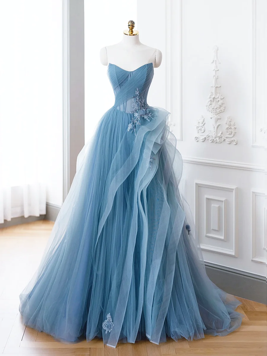 A-Line Blue Tulle Lace Long Prom Dress P625