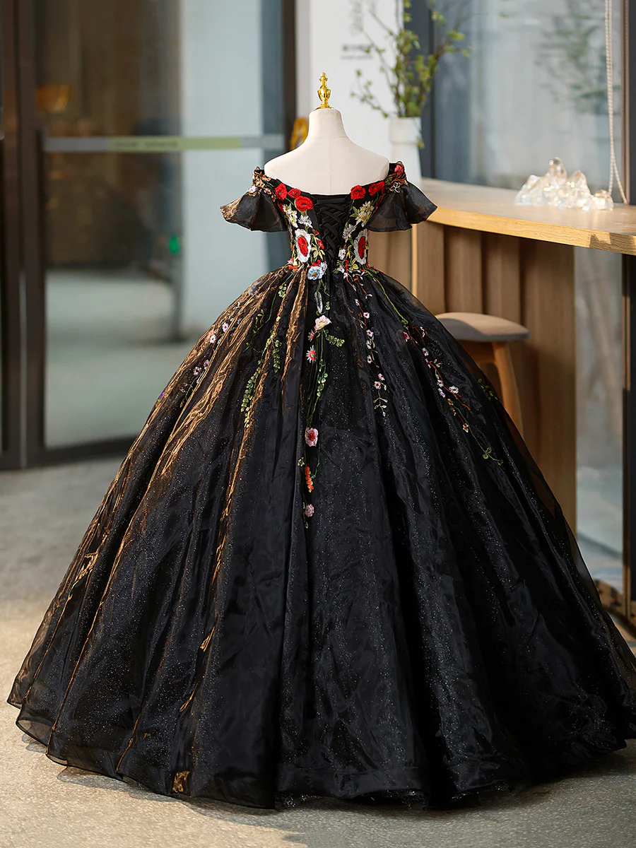 Ball Gown Black Tulle Long Prom Dress with Lace Flowers P590