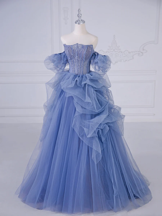 A-Line Blue Tulle Beaded Long Prom Dress P626