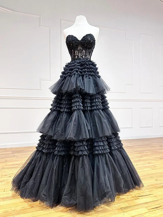 A-Line Black Sweetheart Neck Tulle Lace Long Prom Dress P638