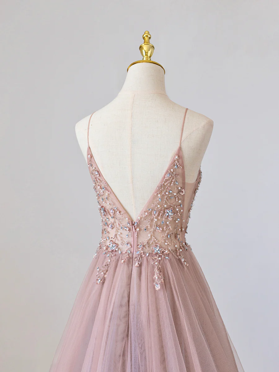 Pink V-Neck Tulle Long Prom Dress with Beaded P675