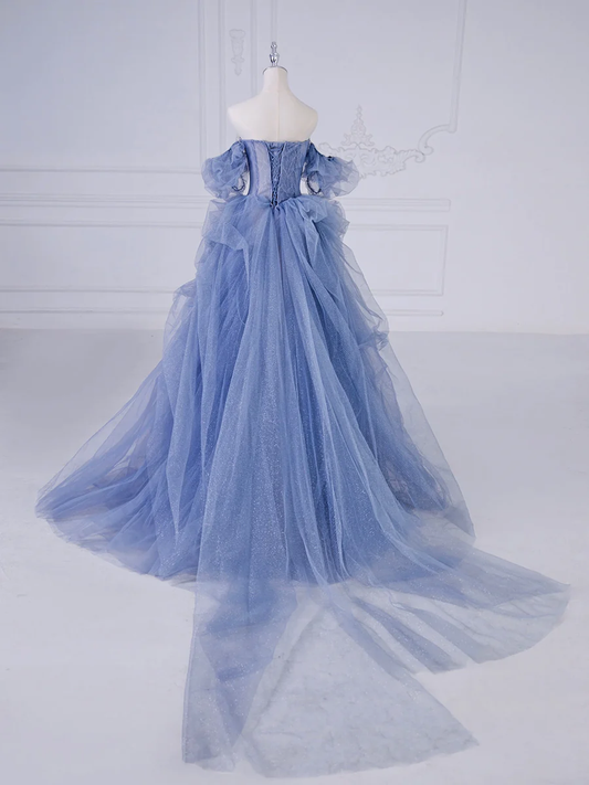 A-Line Blue Tulle Beaded Long Prom Dress P626