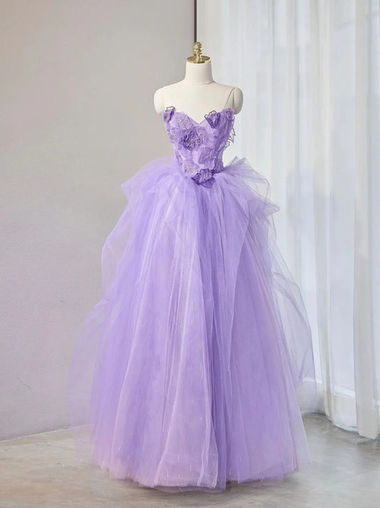 A-Line Sweetheart Neck Tulle Lace Applique Lilac Long Prom Dress P633