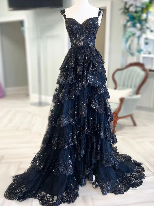 A-Line Sweetheart Neck Tulle Sequin Navy Blue Long Prom Dress P631