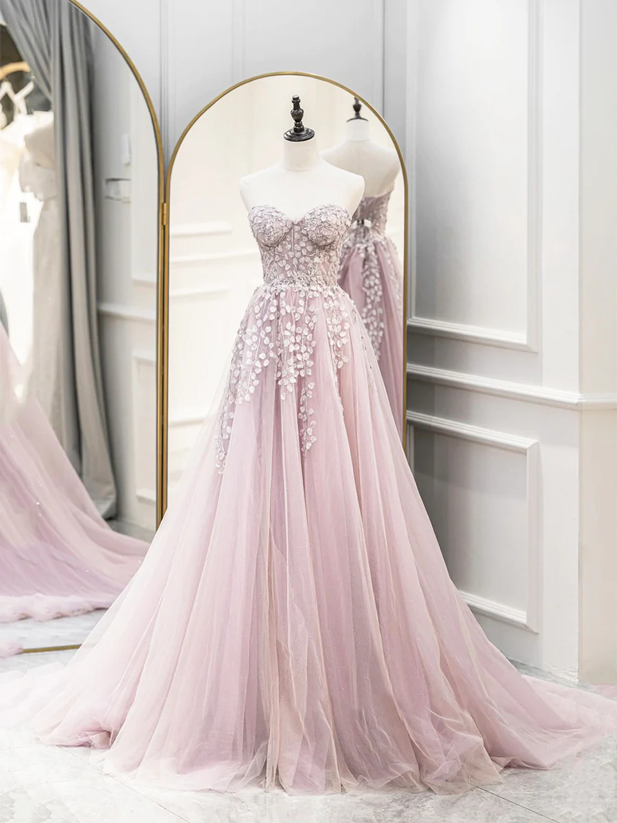 Cute Tulle Sweetheart Long Party Dress with Lace Prom Dress P674