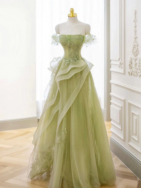 A-Line Off Shoulder Tulle Lace Green Long Prom Dress P634