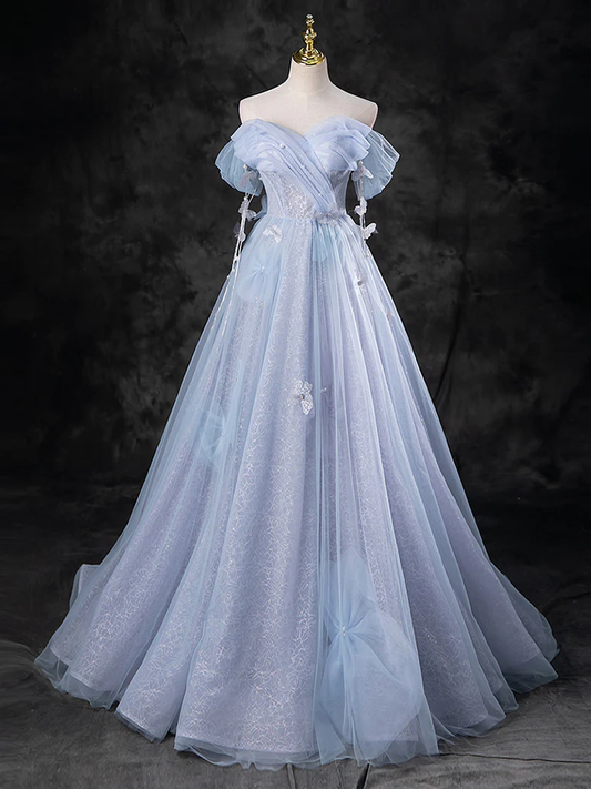 A-Line Sweetheart Neck Off Shoulder Tulle Gray Blue Long Prom Dress P632