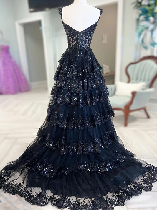 A-Line Sweetheart Neck Tulle Sequin Navy Blue Long Prom Dress P631