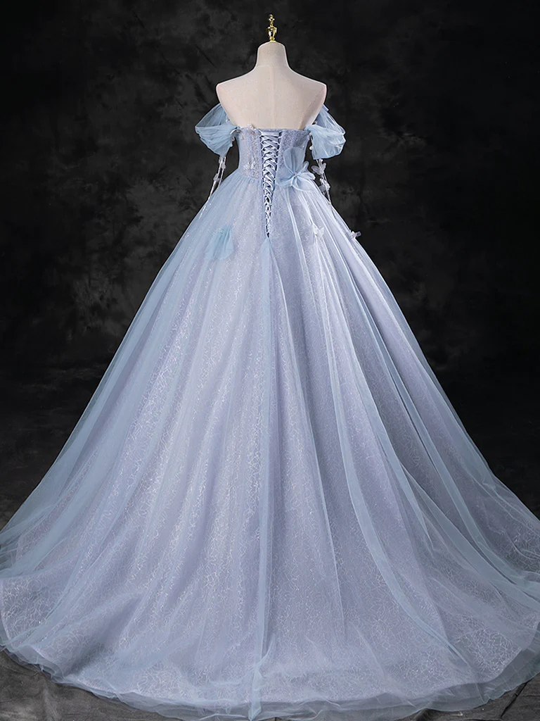 A-Line Sweetheart Neck Off Shoulder Tulle Gray Blue Long Prom Dress P632