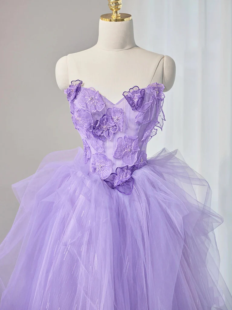 A-Line Sweetheart Neck Tulle Lace Applique Lilac Long Prom Dress P633