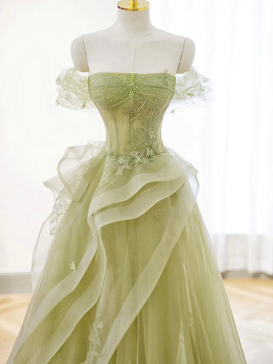 A-Line Off Shoulder Tulle Lace Green Long Prom Dress P634