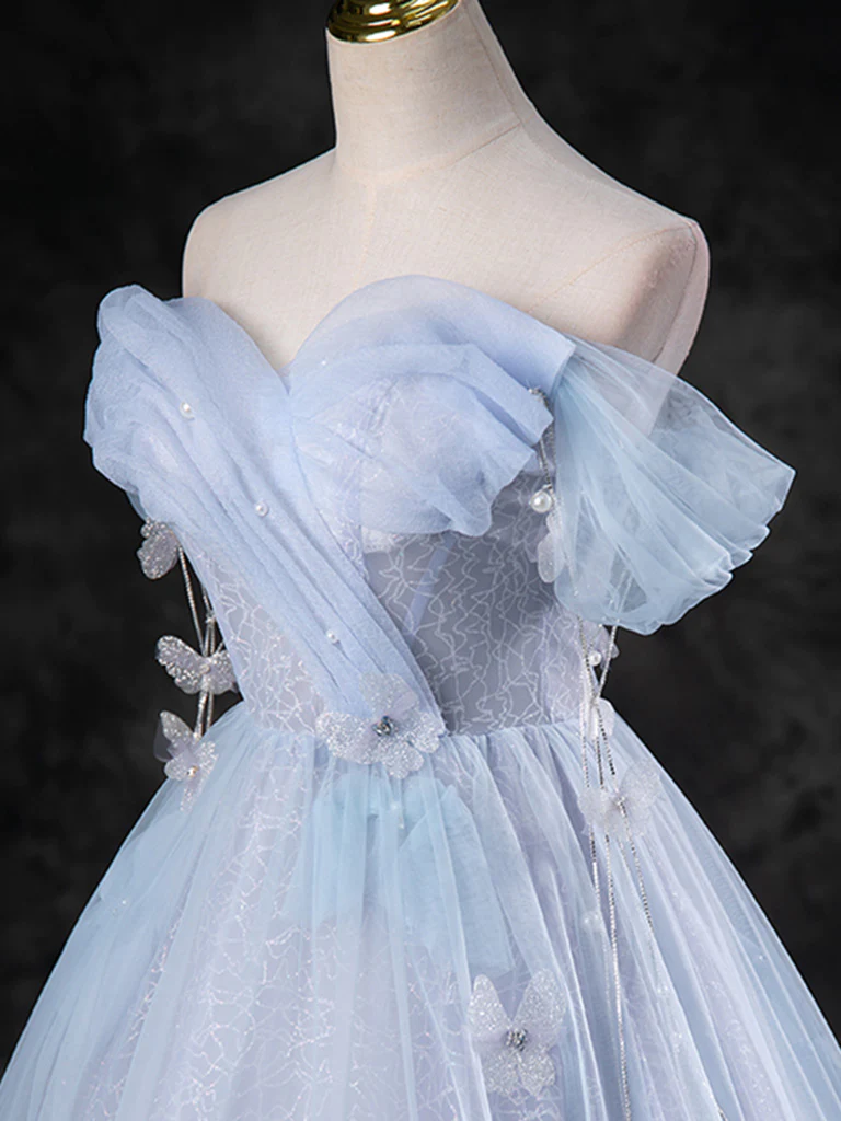A-Line Sweetheart Neck Off Shoulder Tulle Gray Blue Long Prom Dress P632