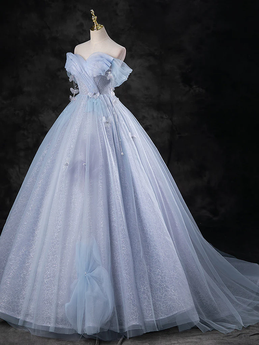 A-Line Sweetheart Neck Off Shoulder Tulle Gray Blue Long Prom Dress P632