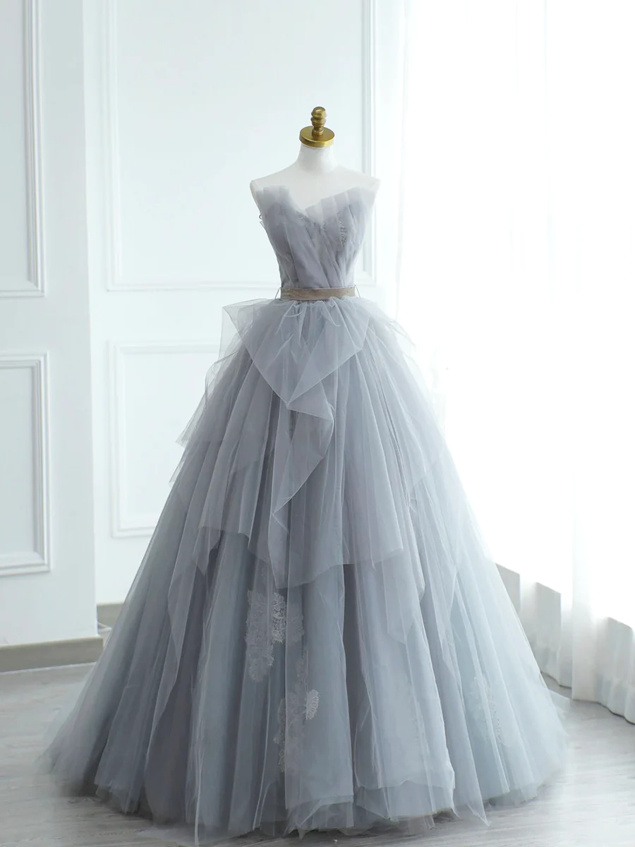 Ball Gown Gray Strapless Tulle Lace Long Prom Dress P673