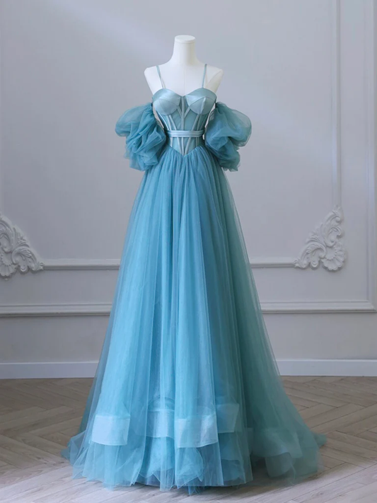 A-Line Sweetheart Neck Tulle Blue Long Prom Dress P637