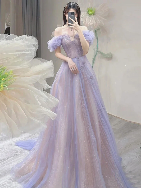 A-Line Off Shoulder Purple Tulle Long Prom Dress P635