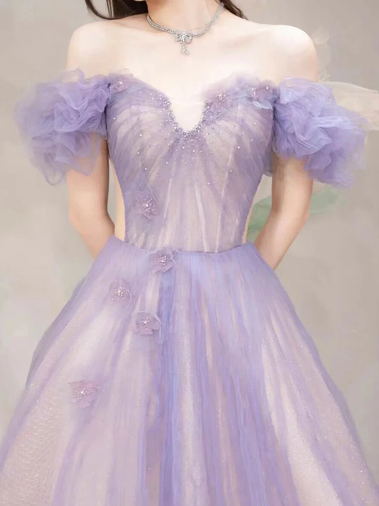 A-Line Off Shoulder Purple Tulle Long Prom Dress P635