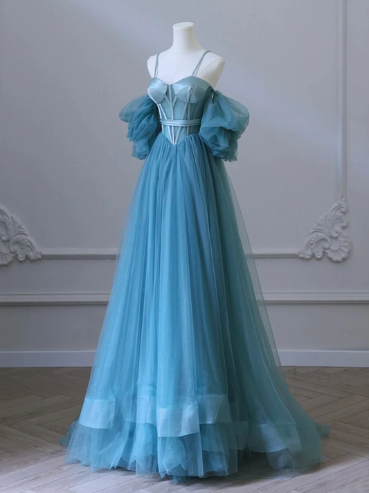 A-Line Sweetheart Neck Tulle Blue Long Prom Dress P637