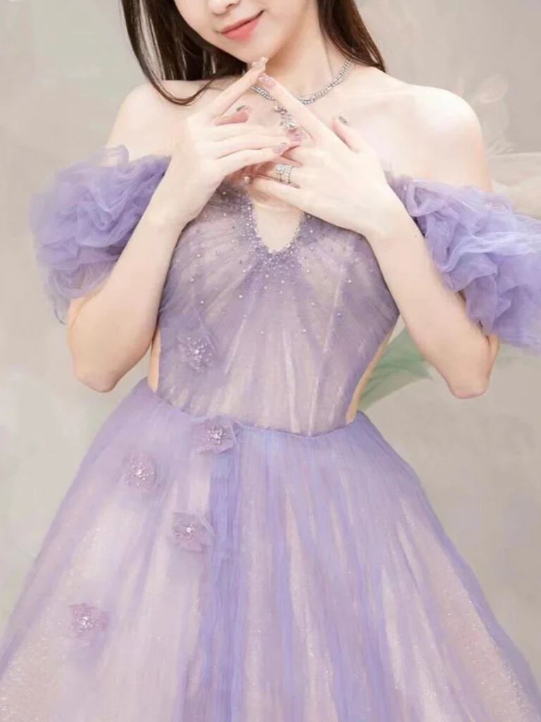 A-Line Off Shoulder Purple Tulle Long Prom Dress P635