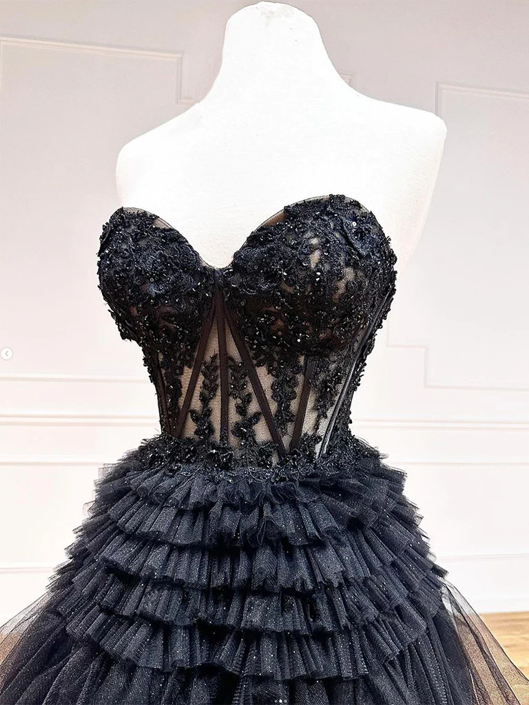 A-Line Black Sweetheart Neck Tulle Lace Long Prom Dress P638