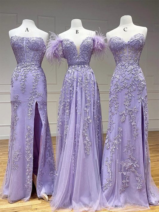 A line Lilac Tulle Lace Long Prom Dress P639