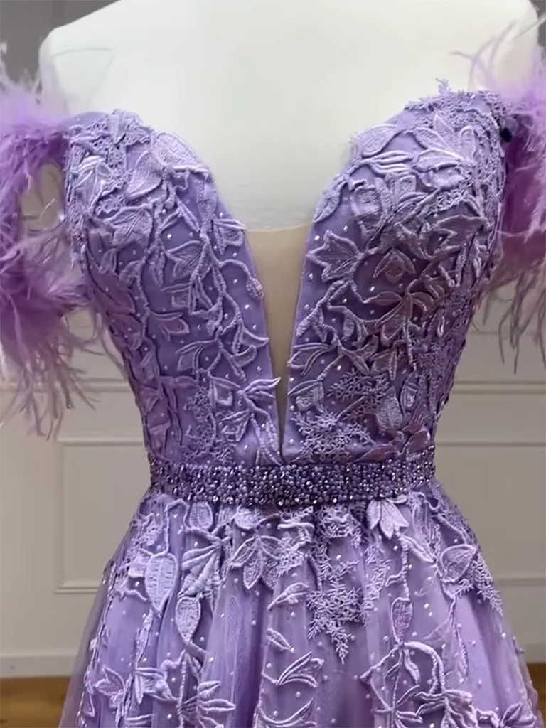 A line Lilac Tulle Lace Long Prom Dress P639