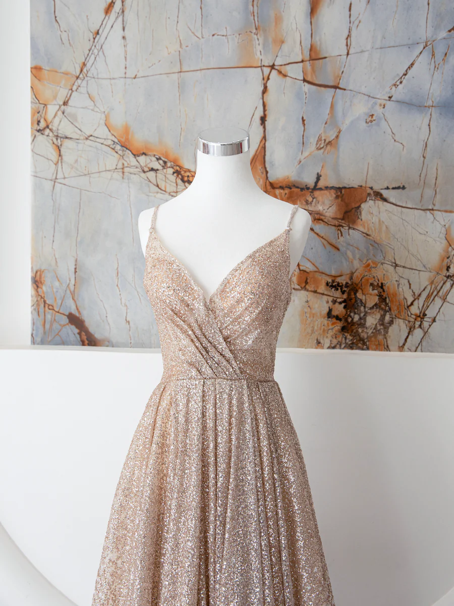 Champagne Spaghetti Strap Sequins Long Prom Dress P671