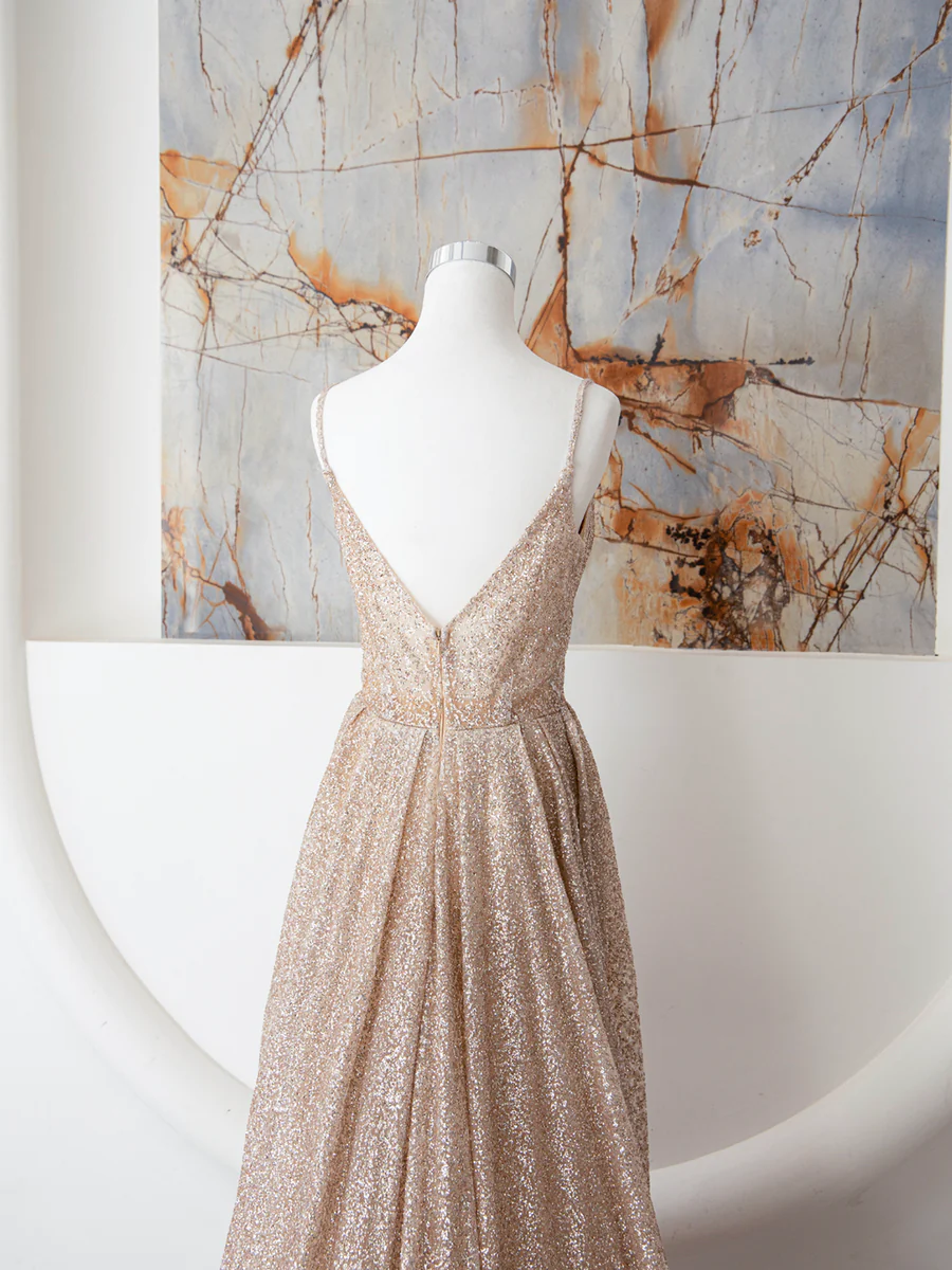 Champagne Spaghetti Strap Sequins Long Prom Dress P671