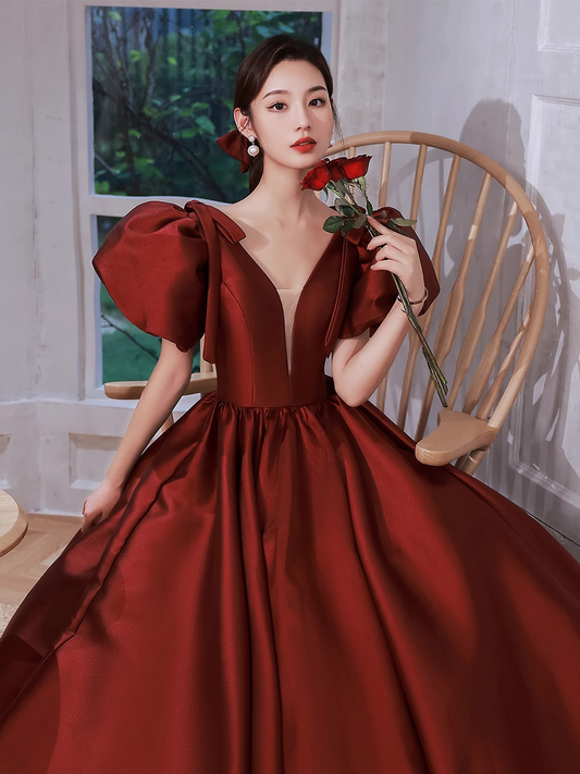 A line Burgundy Party Dresses Long Satin Prom Dresses P725