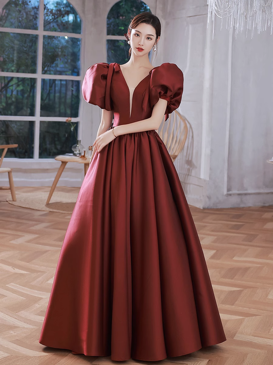 A line Burgundy Party Dresses Long Satin Prom Dresses P725