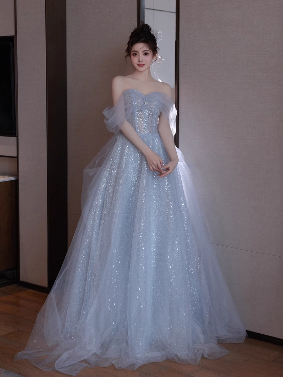 A line Off The Shoulder Tulle Gray Party Dresses Long Prom Dresses P723