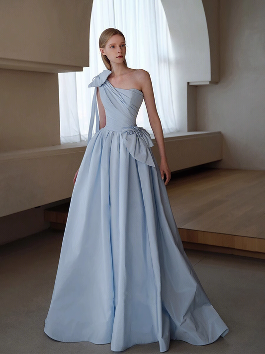 A line Light Sky Blue Party Dresses Long Satin One Shoulder Prom Dresses P726