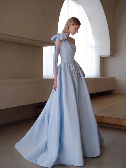 A line Light Sky Blue Party Dresses Long Satin One Shoulder Prom Dresses P726