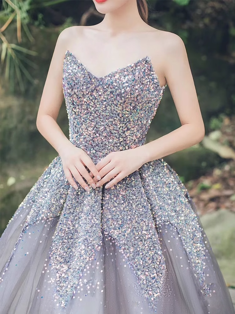 Ball Gown Strapless Sequin Party Dresses Long Tulle Prom Dresses P727