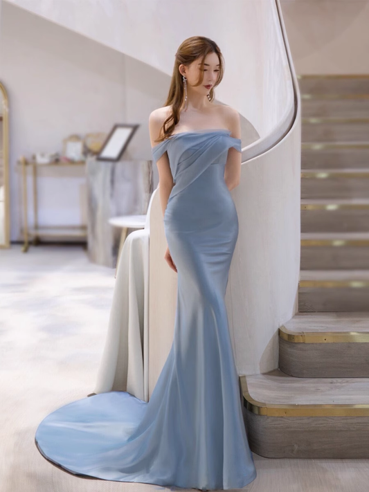 Mermaid Off The Shoulder Light Sky Blue Party Dresses Long Prom Dresses P728